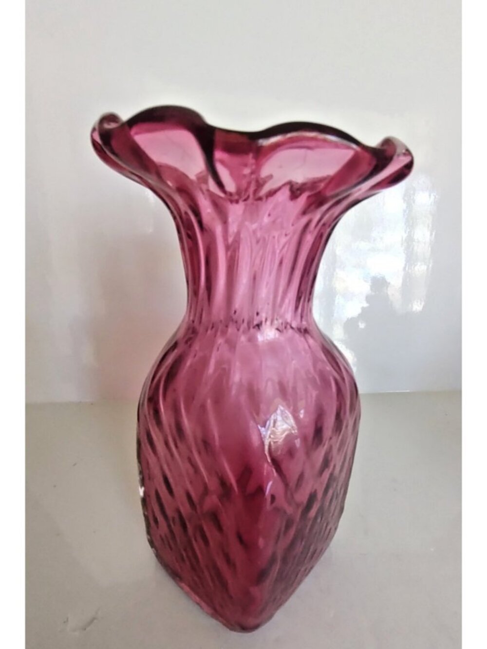 Vintage Angelo Rossi Cranberry Glass Vase Ruffled Edge Diamond Optic 7 1/4" tall